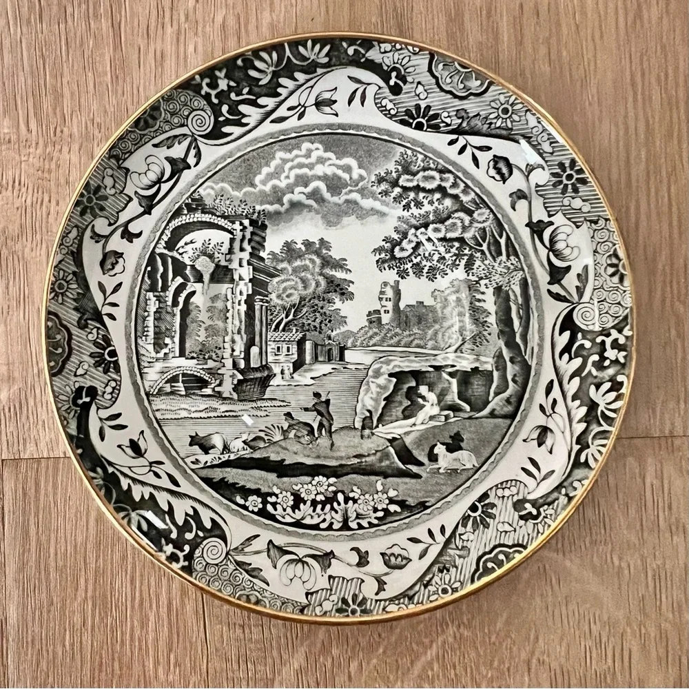 Spode England Woodland Black Transfer Italian‎ Porcelain Plate Saucer 4.75” Vtg